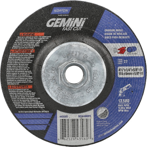 Gemini Grinding Wheel, 4-1/2" x 1/4", 5/8"-11 Arbor, Aluminum Oxide, Type 27 Chandler Sales