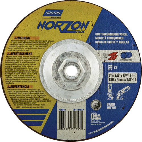 NorZon Plus SGZ  Grinding & Cutting Wheel, 7" x 1/8", 5/8"-11 Arbor, Type 27, Ceramic Alumina Chandler Sales