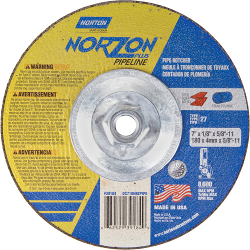 NorZon Plus SGZ Right Angle Cut-Off Wheel, 7" x 1/8", 5/8"-11 Arbor, Type 27/42, Ceramic Alumina, 8600 RPM Chandler Sales