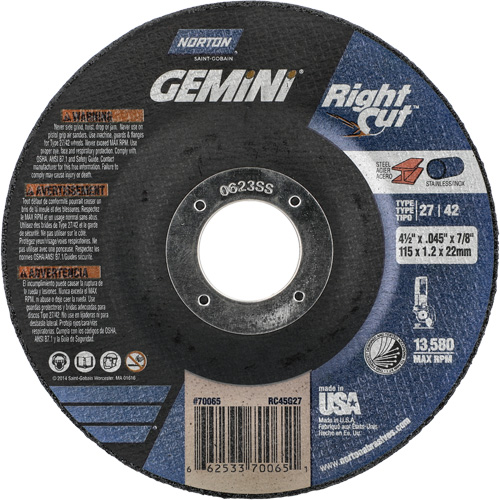 Gemini RightCut Right Angle Cut-Off Wheel, 4-1/2" x 0.045", 7/8" Arbor, Type 27/42, Aluminum Oxide, 13580 RPM Chandler Sales