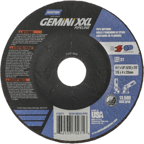 Gemini XXL Grinding & Cutting Wheel, 4-1/2" x 1/8", 7/8" Arbor, Type 27, Aluminum Oxide Chandler Sales