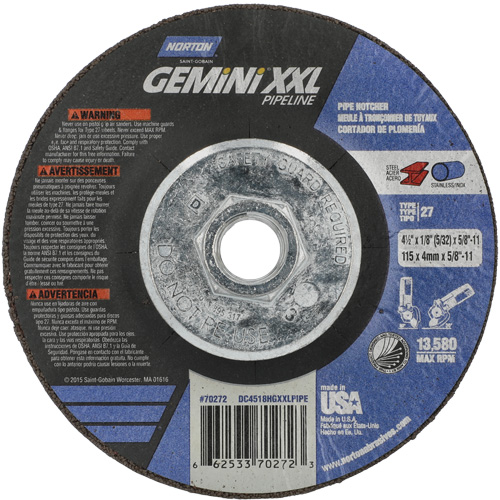 Gemini XXL Grinding & Cutting Wheel, 4-1/2" x 1/8", 5/8"-11 Arbor, Type 27, Aluminum Oxide Chandler Sales