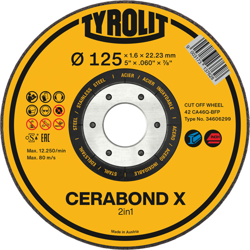 CERABOND X Cut-Off Wheel for Steel & Stainless Steel, 5" x 0.45", 7/8" Arbor, Type 1, Ceramic, 12250 RPM Chandler Sales