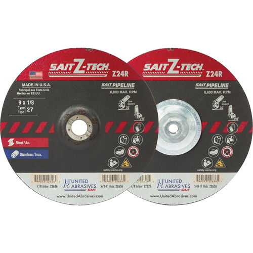 Meule haute performance pour pipelines Sait Z-Tech, 6" x 1/8", Arbre 5/8"-11, Zirconium, Type 27 Chandler Sales