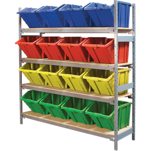 Wide Span Shelving with Jumbo Plastic Bins, Steel, Boltless, 800 lbs. Capacity, 66" W x 72" H x 18" D Chandler Sales