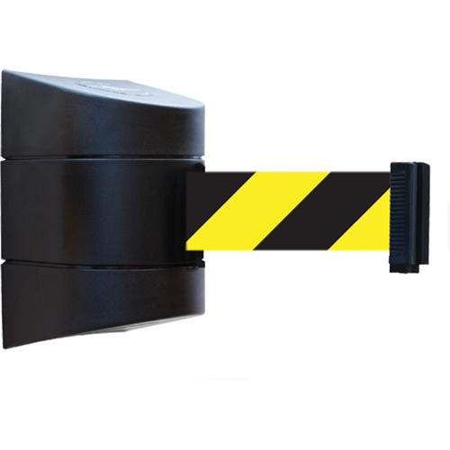 Tensabarrier&reg; Wall Mounted Units, Plastic, Magnetic Mount, 15', Black and Yellow Tape Chandler Sales