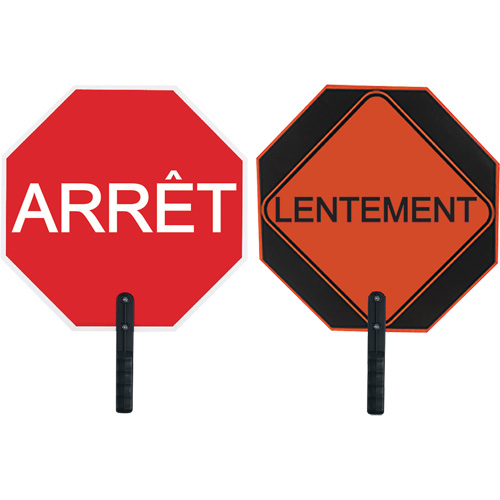Double-Sided "Arr&ecirc;t/Lentement" Traffic Control Sign, 18" x 18", Aluminum, French with Pictogram Chandler Sales