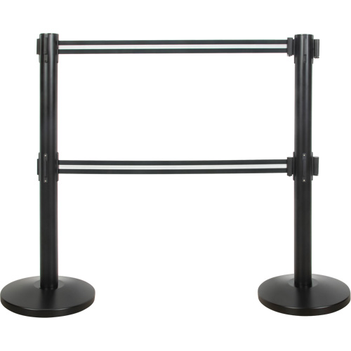 Barri&egrave;re pour le contr&ocirc;le des foules &agrave; courroie double, Acier, 35" h, Ruban Noir/Blanc, Longueur du ruban 7' Chandler Sales