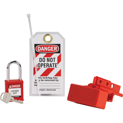 Dispositif de cadenassage pour connecteurs dalimentation de chariot &eacute;l&eacute;vateur BatteryBlock avec cadenas de s&eacute;curit&eacute; en nylon, Ensemble &eacute;lectrique, 3 composants compris Chandler Sales