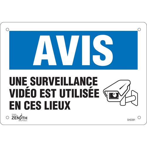 "Surveillance vid&eacute;o" Sign, 7" x 10", Plastic, French with Pictogram Chandler Sales