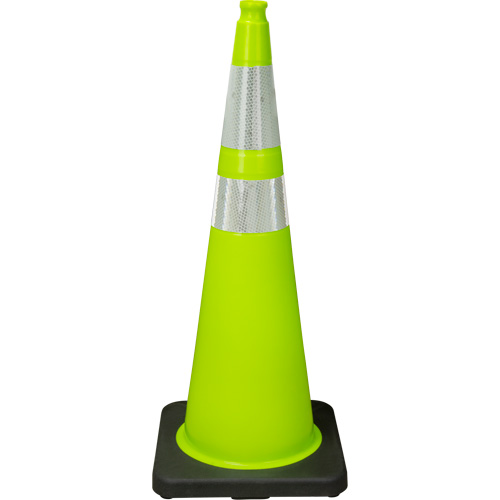 C&ocirc;ne de signalisation de premi&egrave;re qualit&eacute;, 36", Vert lime, Bande(s) r&eacute;fl&eacute;chissante(s) 4" & 6" Chandler Sales