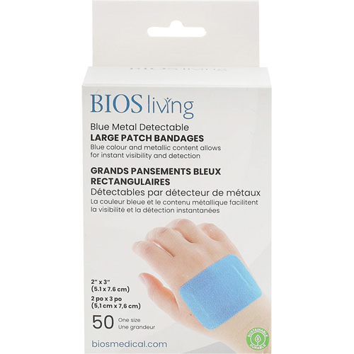 Blue Large Patch Bandages, Rectangular/Square, 3", Fabric Metal Detectable, Sterile Chandler Sales