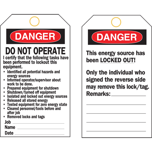 Lockout Tags, Plastic, 3" W x 5-3/4" H, English Chandler Sales