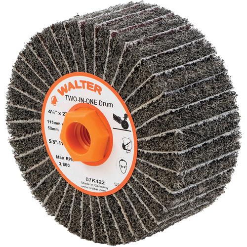 Two-In-One Finishing Drums, 4-1/2" Dia. x 2" W, 5/8"-11 Arbor, Aluminum Oxide Chandler Sales