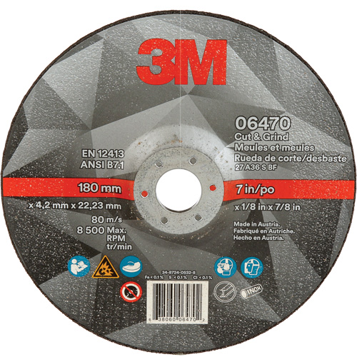 Cut & Grind Wheel, 7" x 1/8", 7/8" Arbor, Type 27, Ceramic Chandler Sales