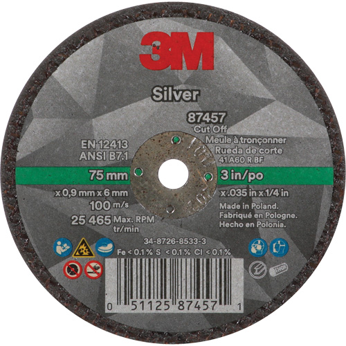 Silver Cut-Off Wheel, 3" x 0.04", 1/4"-28 Arbor, Type 1, Ceramic, 25645 RPM Chandler Sales