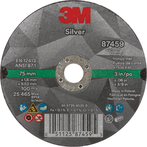 Silver Cut-Off Wheel, 3" x 0.06", 3/8"-24 Arbor, Type 1, Ceramic, 25645 RPM Chandler Sales