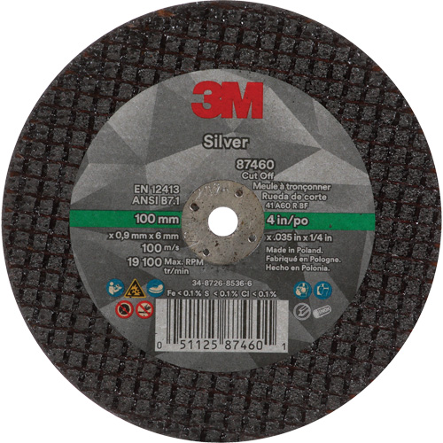 Silver Cut-Off Wheel, 4" x 0.04", 1/4"-28 Arbor, Type 1, Ceramic, 19100 RPM Chandler Sales