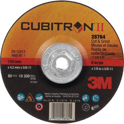 Cubitron II Quick Change Cut & Grind Wheel, 6" x 1/8", 5/8"-11 Arbor, Type 27, Ceramic Chandler Sales