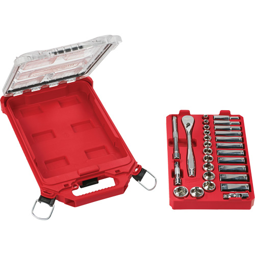 Ratchet & Socket Set with Packout Low-Profile Compact Organizer, 28 Pcs, 3/8" Drive Size, Deep Chandler Sales