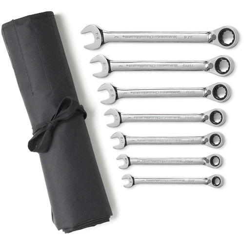 72-Tooth 12 Point Reversible Ratcheting SAE Wrench Set with Tool Roll, Combination, 7 Pieces, Imperial Chandler Sales