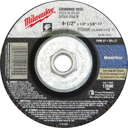 Meule, 4-1/2" x 1/8", Arbre 5/8"-11, Oxyde d'aluminium, Type 27 Chandler Sales