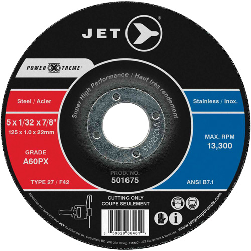Meules &agrave; tronçonner Power Xtreme pour des meuleuses &agrave; angle — pour acier/acier inoxydable, 5" x 1/32", Arbre de 7/8", Type 27, 12 200 Tr/min Chandler Sales