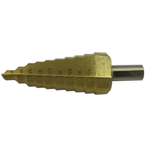JET-KUT&reg; Super Premium 11-Step Step Drill, 1/4" - 1-3/8" , 7/8"/1"/1/4"/1-3/8"/1-1/8"/1-1/4"/13/16"/25/64"/35/64"/11/16"/1-7/32" Increments, High Speed Steel Chandler Sales