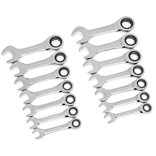 72-Tooth 12 Point Stubby Wrench Set, Ratcheting Combination, 14 Pieces, Imperial and Metric Chandler Sales