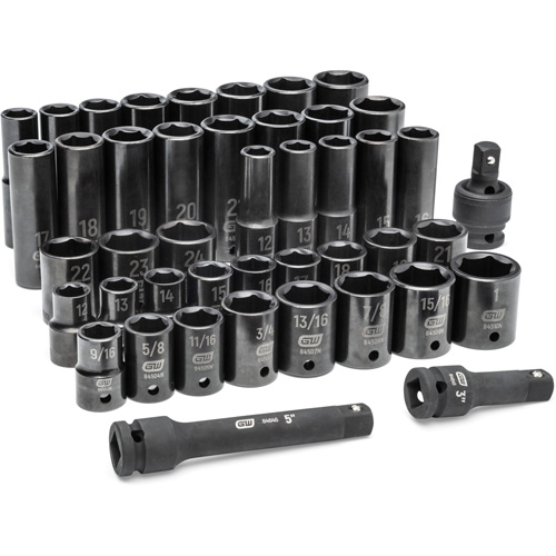Jeu de douilles SAE/m&eacute;triques &agrave; 6 pans, 44 Mcx, Chocs, Prise de 1/2", Profond Chandler Sales