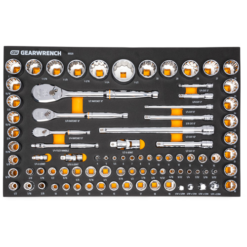 Jeu d'outils SAE/m&eacute;triques pour m&eacute;canicien &agrave; 90 dents 1/4", 3/8" & 1/2" avec plateau de rangement en mousse Chandler Sales