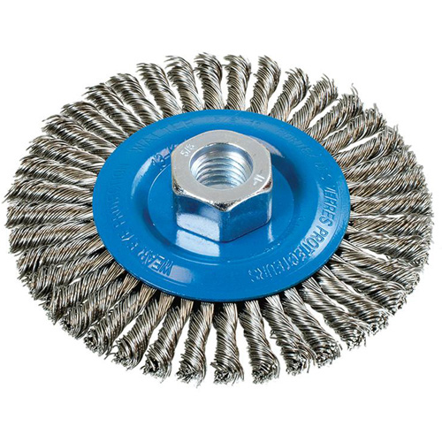 Brosse &agrave; fils nou&eacute;s pour cordons de soudure, Dia. 4-1/2", Fils 0,02", Arbre 5/8"-11, Aluminium/Acier inoxydable Chandler Sales