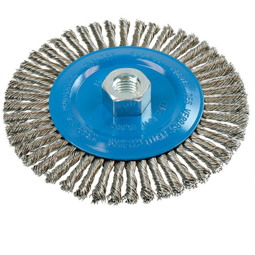 Brosse &agrave; fils &eacute;troits nou&eacute;s et torsad&eacute;s, Dia. 6", Fils 0,02", Arbre 5/8"-11, Aluminium/Acier inoxydable Chandler Sales