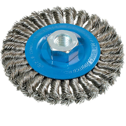 Wide Knotted Wire Wheel Brush, 4-1/2" Dia., 0.02" Fill, 5/8"-11 Arbor, Aluminum/Stainless Steel Chandler Sales