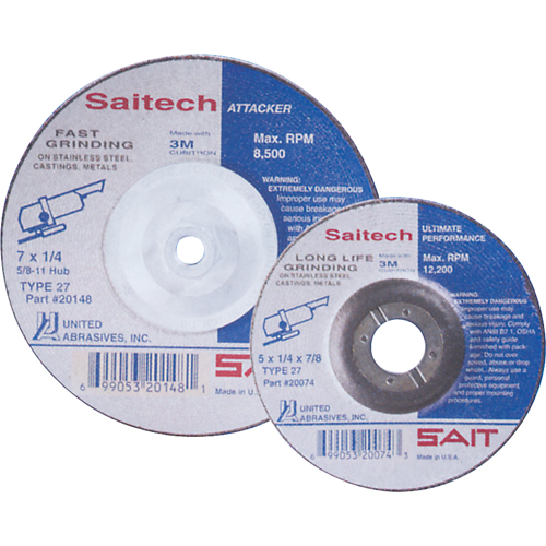 Saitech Ultimate Performance Grinding Wheel, 4" x 1/4", 3/8" Arbor, Aluminum Oxide, Type 27 Chandler Sales