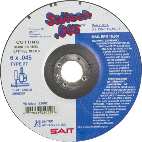Cut-Off Wheel, 6" x 0.045", 7/8" Arbor, Type 27, Aluminum Oxide/Ceramic, 10200 RPM Chandler Sales