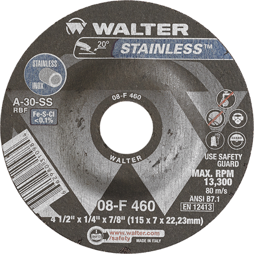 Stainless Steel Depressed Centre Grinding Wheels, 4-1/2" x 1/4", 7/8" Arbor, Type 27 Chandler Sales