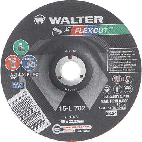 Flexcut Depressed Centre Grinding Wheels, 7", 24 Grit, Aluminum Oxide, 7/8", 8600 RPM, Type 29 Chandler Sales