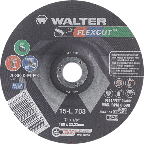 Meules &agrave; moyeu d&eacute;port&eacute; Flexcut, 7", 36 Grain, Oxyde d'aluminium, 7/8", 8600 Tr/min, Type 29 Chandler Sales