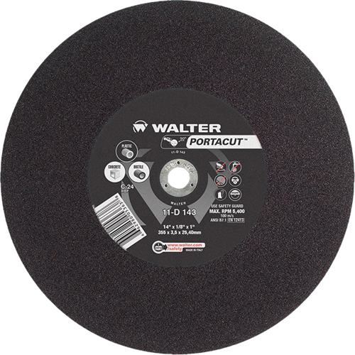 Meule &agrave; tronçonner rapide en acier inoxydable Portacut, 14" x 1/8", Arbre de 1", Type 1, Carbure de silicium, 5400 Tr/min Chandler Sales