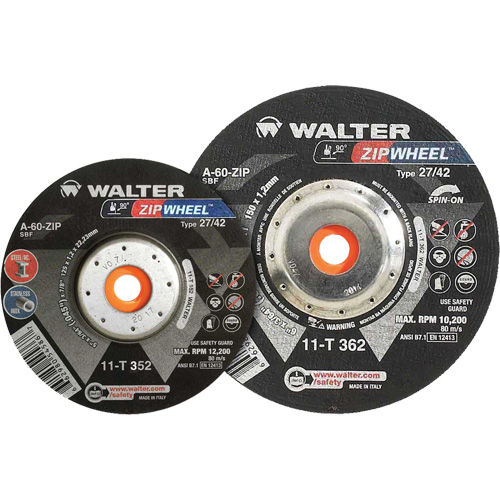 Meules &agrave; tronçonner renforc&eacute;es Zipcut vissables pour scies circulaires, 5" x 7/8", Arbre de 5/8"-11, Type 27, Oxyde d'aluminium, 12 200 Tr/min Chandler Sales