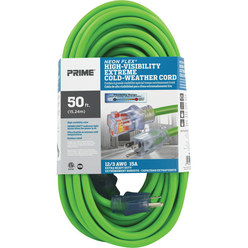 Neon Flex&reg; High Visibility Extension Cord, Outdoor, SJTW, 12/3 AWG, 15 A, 50' Chandler Sales