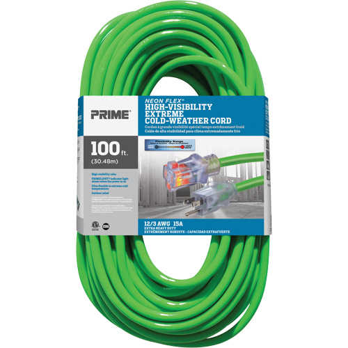 Neon Flex&reg; High Visibility Extension Cord, Outdoor, SJTW, 12/3 AWG, 15 A, 100' Chandler Sales