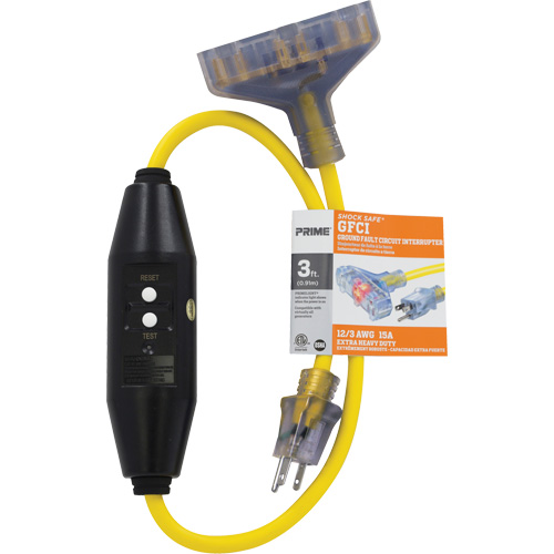 Adaptateurs pour disjoncteurs de fuite &agrave; la terre &agrave; trois prises Shocksafe, 125 V, 15 A, Cordon de 3' Chandler Sales