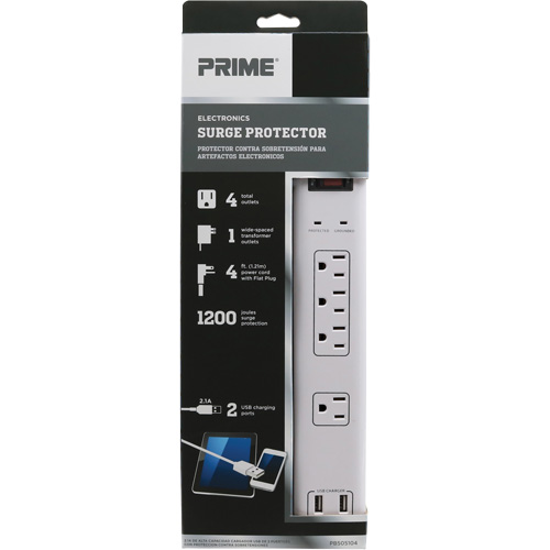 USB Charging Surge Protectors, 4 Outlets, 1200 J, 1875 W, 4' Cord Chandler Sales