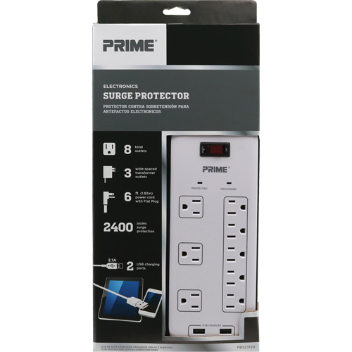 USB Charging Surge Protectors, 8 Outlets, 2400 J, 1875 W, 6' Cord Chandler Sales