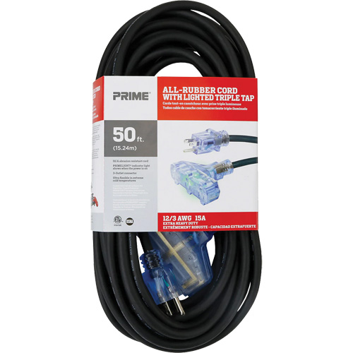 All-Rubber Extension Cord, Outdoor, SJOOW, 12/3 AWG, 15 A, 3 Outlet(s), 50' Chandler Sales