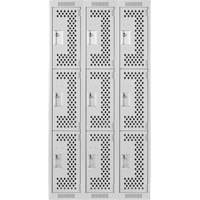Clean Line Lockers, 3 -tier, Bank of 3, 36" x 12" x 72", Steel, Grey, Rivet (Assembled), Perforated Chandler Sales