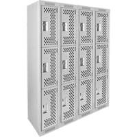 Clean Line Lockers, 3 -tier, Bank of 4, 48" x 12" x 72", Steel, Grey, Rivet (Assembled), Perforated Chandler Sales