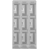 Clean Line Lockers, 3 -tier, Bank of 3, 36" x 15" x 82", Steel, Grey, Rivet (Assembled), Perforated Chandler Sales